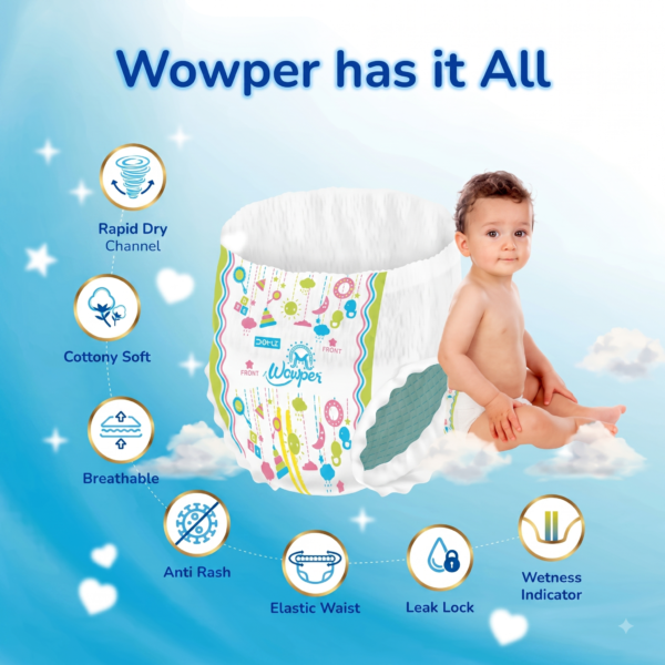 Wowper Fresh Baby Diaper Pants By DOMS | New Born | Wetness Indicator | Upto 12 Hrs Absorption | 0-5 Kg | XS/NB-(80 Pieces)