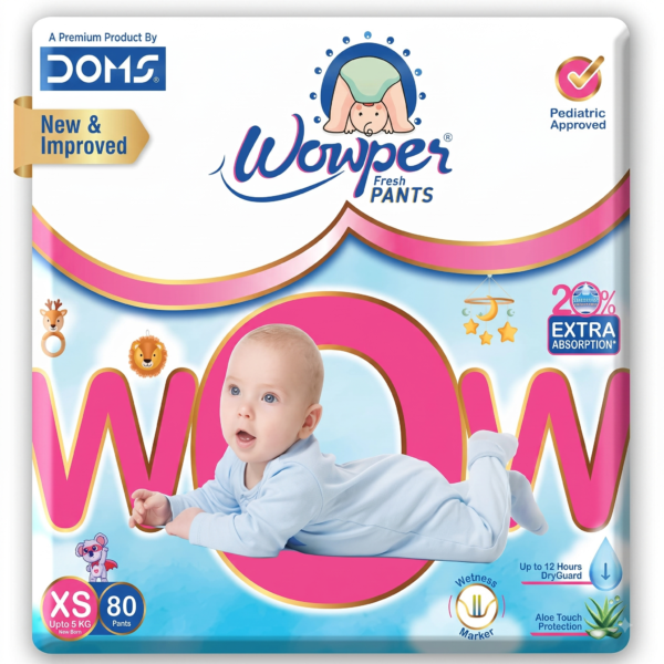 Wowper Fresh Baby Diaper Pants By DOMS | New Born | Wetness Indicator | Upto 12 Hrs Absorption | 0-5 Kg | XS/NB-(80 Pieces)