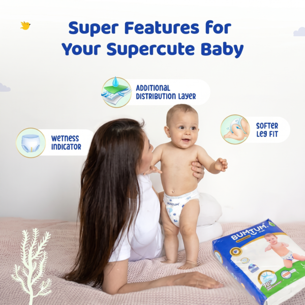 Addtional 2 Bumtum Baby Diaper Pants with Double Layer Leakage Protection Infused With Aloe Vera, Cottony Soft High Absorb Technology Extra Large - 54 Pieces