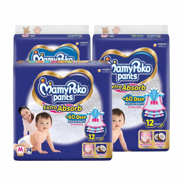 MAMYPOKO PANTS Pants Extra Absorb Pant Diapers - Medium(74 Pieces)- Pack of 2