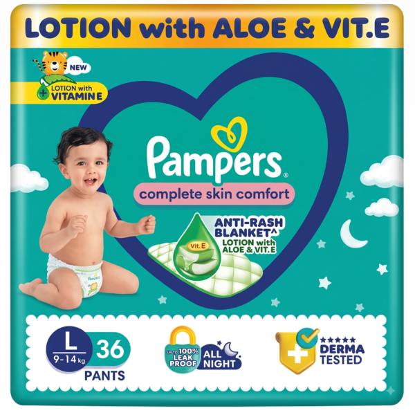 Pampers Complete Skin Comfort Pants, Anti-rash blanket, Lotion with Vitamin E & Aloe Vera, Large size baby Diapers