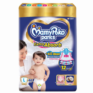 MamyPoko Pants Extra Absorb Baby Diapers, Large (L size) | 9-14 kg | Deep Sleep Diapers| Soft gentle fit |Deep Absorbent Crisscross | skin friendly with coconut oil |