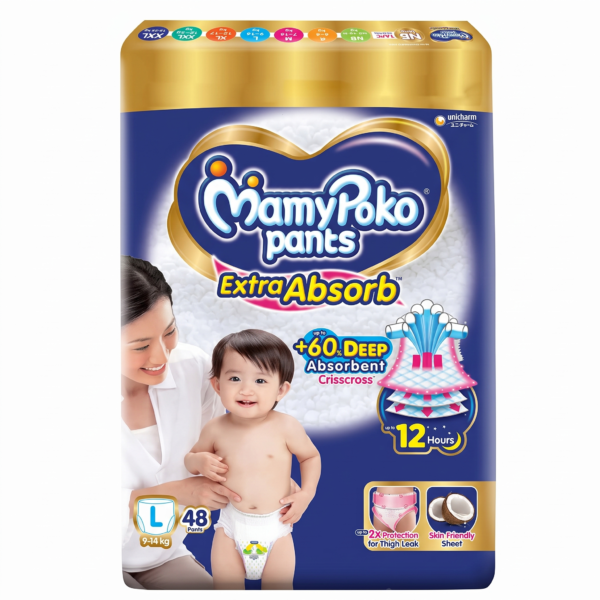 MamyPoko Pants Extra Absorb Baby Diapers, Large (L size) | 9-14 kg | Deep Sleep Diapers| Soft gentle fit |Deep Absorbent Crisscross | skin friendly with coconut oil |