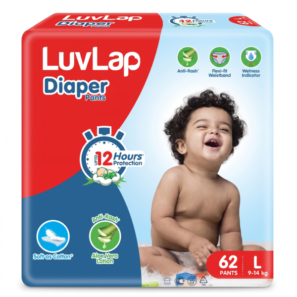 LuvLap Pant Style Baby Diapers, Large (L), 62 Count, Aloe Vera Lotion, 12hr Protection
