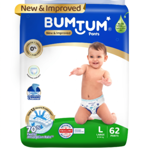 Bumtum Baby Diaper Pants with Double Layer Leakage Protection Infused With Aloe Vera, Cottony Soft High Absorb Technology Large- 62 Pieces