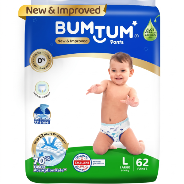 L62 Bumtum Baby Diaper Pants with Double Layer Leakage Protection Infused With Aloe Vera, Cottony Soft High Absorb Technology Large- 62 Pieces