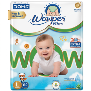 Wowper Fresh Baby Diaper Pants By DOMS| Wetness Indicator | Upto 12 Hrs Absorption | 9-14 Kg | L Size (62 Pieces)