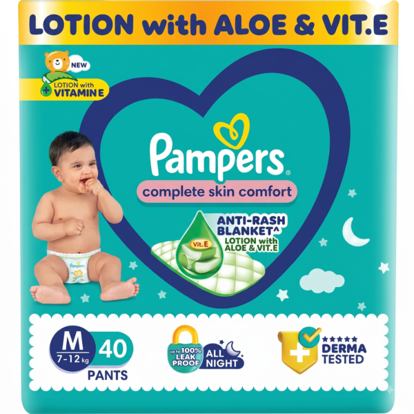Pampers Complete Skin Comfort Pants, Anti-rash blanket, Lotion with Vitamin E & Aloe Vera, Medium size baby Diapers