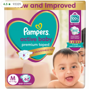 Pampers Active Baby Diapers, Taped style diaper Medium size (M) 62 count