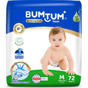 Bumtum Baby Diaper Pants with Double Layer Leakage Protection Infused With Aloe Vera, Cottony Soft High Absorb Technology Medium - 72 Pieces