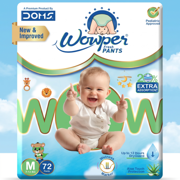 Wowper Fresh Baby Diaper Pants By DOMS | Wetness Indicator | Upto 12 Hrs Absorption | 7-12 Kg | M Size (72 Pieces)