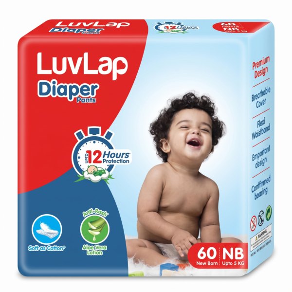 NB 60 LuvLap Pant Style Baby Diapers, New Born/X-Small (NB/XS), 60 Count, Aloe Vera Lotion, 12hr Protection