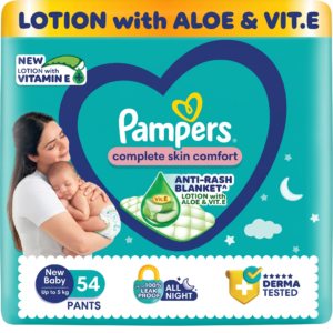 Pampers Complete Skin Comfort Pants, Anti-rash blanket, Lotion with Vitamin E & Aloe Vera, New Born size baby Diapers, (Nb)