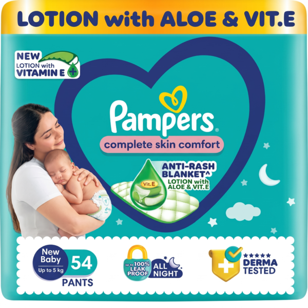 Pampers Complete Skin Comfort Pants, Anti-rash blanket, Lotion with Vitamin E & Aloe Vera, New Born size baby Diapers, (Nb)