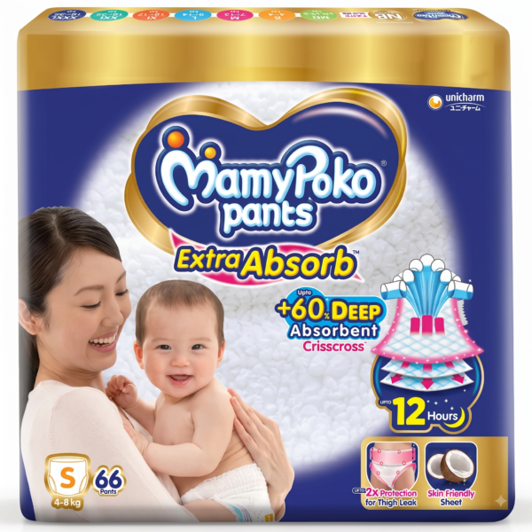 MamyPoko Pants Extra Absorb Baby Diapers, Small (S size) | 4-8 kg | Deep Sleep Diapers| Soft gentle fit |Deep Absorbent Crisscross | skin friendly with coconut oil |