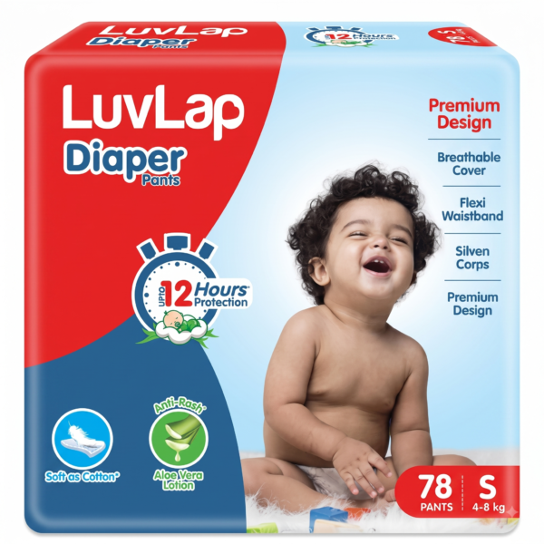 LuvLap Pant Style Baby Diapers, Small (S), 78 Count, Aloe Vera Lotion, 12hr Protection
