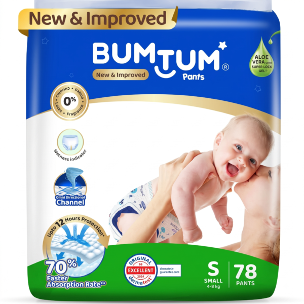 S78 Bumtum Baby Diaper Pants with Double Layer Leakage Protection Infused With Aloe Vera, Cottony Soft High Absorb Technology Small - 78 Pieces