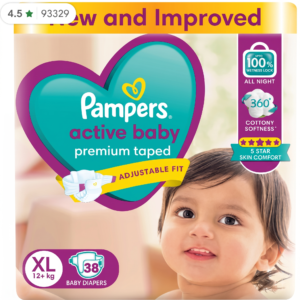 Pampers Active Baby Diapers, Taped style diaper Extra Large (XL) - 38 Pieces