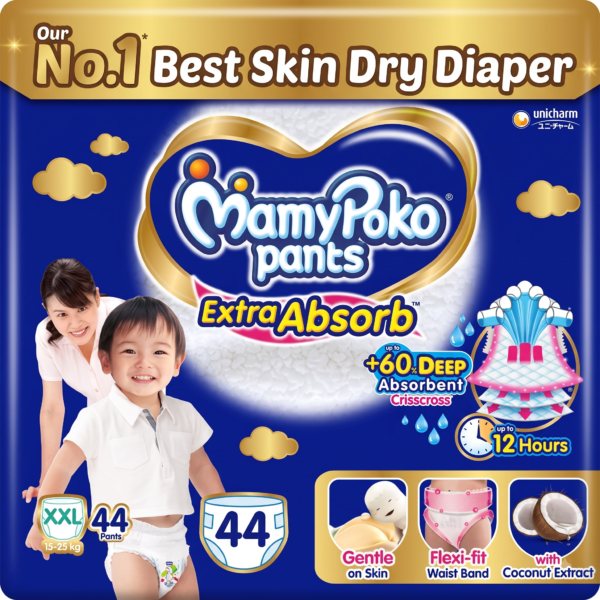 MamyPoko Pants Extra Absorb Baby Diapers, Extra Extra Large (XXL size) | 15-25 kg | Deep Sleep Diapers| Soft gentle fit |Deep Absorbent Crisscross