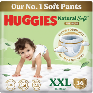 Huggies Natural Soft Premium Baby Diaper Pants, Double Extra Large (XXL) Size (15-25 Kgs), Pack of 36 | Cloud Softness All over